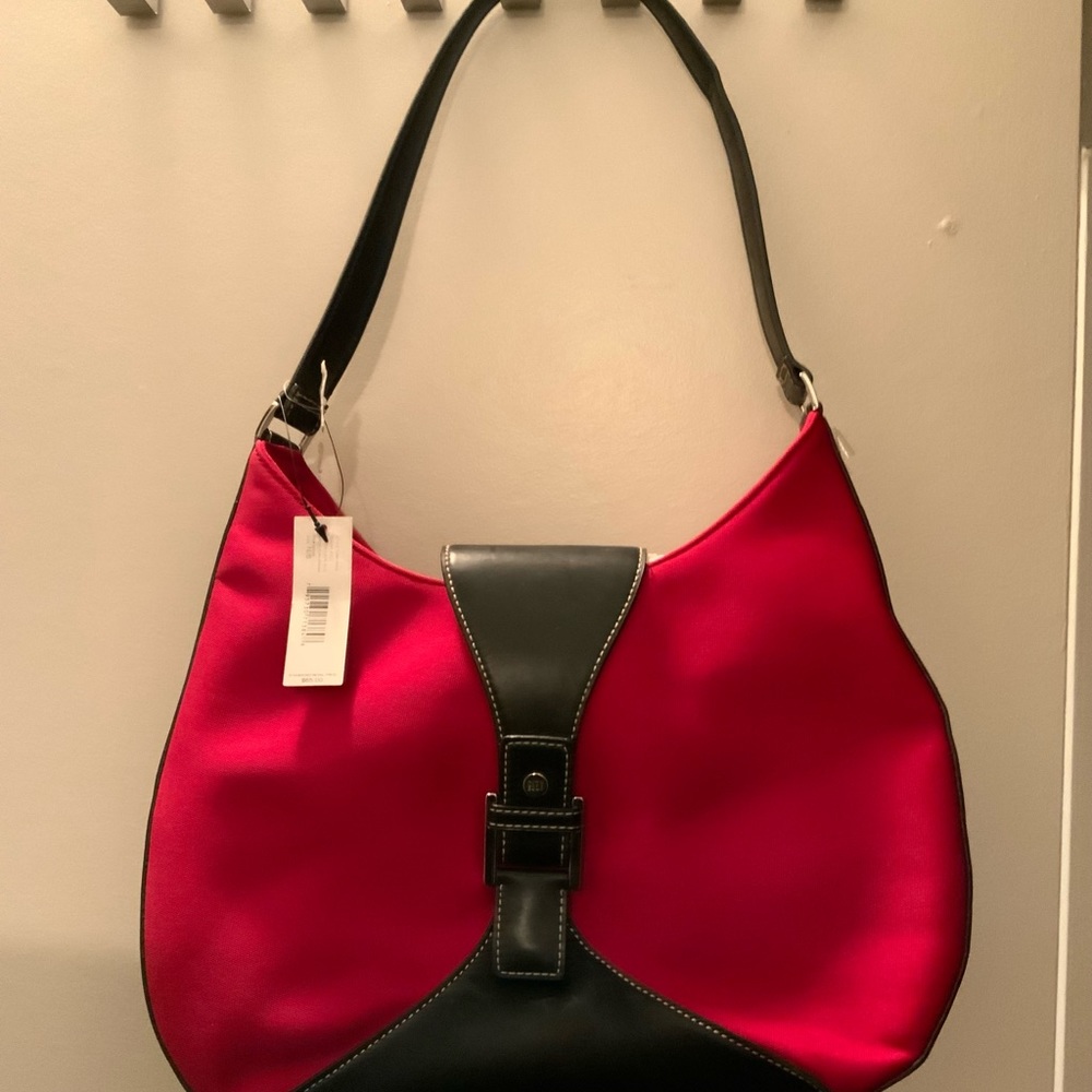 NWT CITY DKNY Red Black Canvas Leather Shoulder Bag